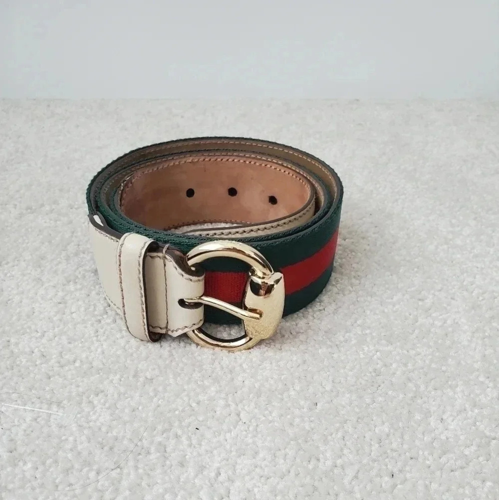 Gucci Green & Red Web Canvas Belt Leather Trim Gold Horsebit Buckle Unisex